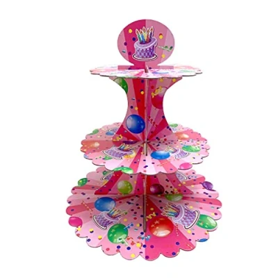 Image of AEX 3 Tier Cake Stands for Afternoon Tea, Biodegradable Cupcake Stand Cardboard, Round Dessert Tower Party, Birthday, Anniversary, Wedding (Cake Pink)