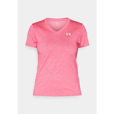 Image of Under Armour Women&#039;s Tech Short Sleeve V Neck Twist, Comfortable T Shirt, Versatile Gym Top for Sports, Training and Casual Wear,Super Pink / White,LG