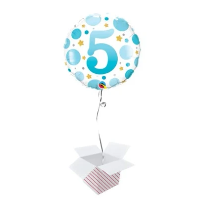 Image of Blue Dots Round Foil Helium Balloons Inflated Balloon in a Box (Age 5, Birthday)