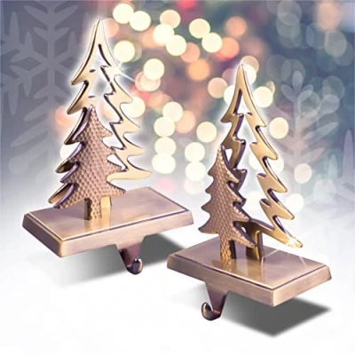 Image of Christmas Stocking Holders Gold Tree Design Set of 2 for Mantel, Metal Hangers Fireplace Pair.