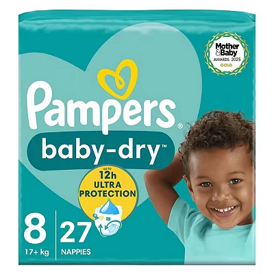 Image of Pampers Baby Dry Size 8, 27 Nappies, 17kg+, Essential Pack