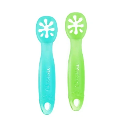 Image of ChooMee Baby Spoons, FlexiDip Led Weaning Dip and Catch Purees Pediatrician Approved Stage One Learning Utensil, 100% Silicone Chew Friendly Material, BPA Free 2 CT Aqua Green