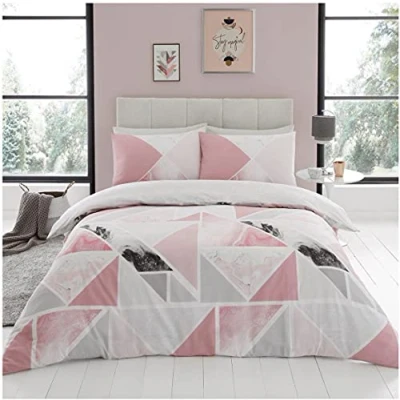Image of GC GAVENO CAVAILIA Soft &amp; Cosy Triangle Shapes King Size Duvet Cover Sets, Reversible Geometric Quilt Bedset With Matching Pillowcases, Marble Breathable Bedding, Pink