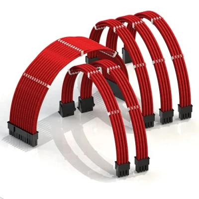 Image of LINKUP AVA 30cm PSU Cable Extension Sleeved Custom Mod GPU PC Braided w/Comb Kit Compatible with RTX3090┃1 x 24 P (20+4)┃2 8 (4+4) CPU┃3 (6+2) set┃300mm Red