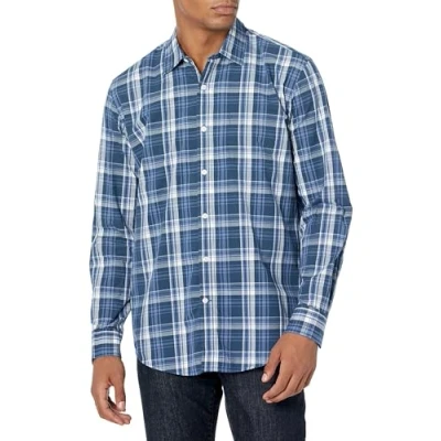 Image of Amazon Essentials Men&#039;s Regular Fit Long Sleeve Casual Poplin Shirt, Navy Medium Plaid, XS