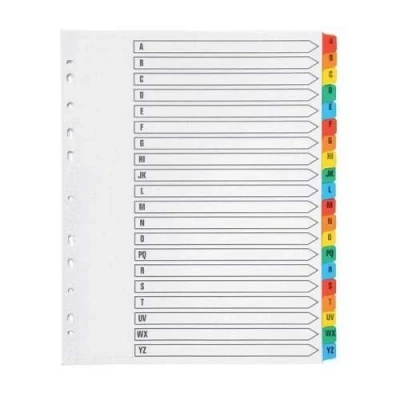 Image of indigo® Dividers, A4, Index Multipunched Mylar Reinforced Multicolour Tabs White (A Z, Pack of 5)