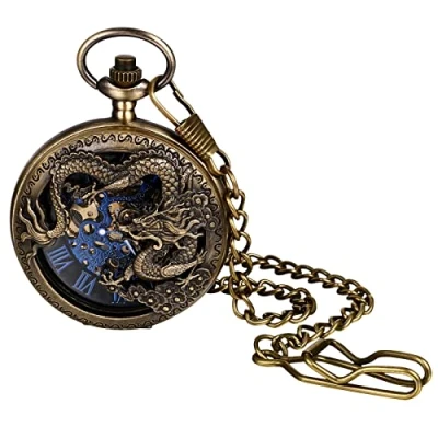 Image of JewelryWe Automatic Mechanical Pocket Watch Classic Dragon Steampunk FOB Pendant with Chain, for Fathers Day