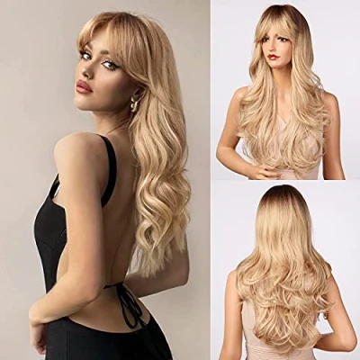 Image of Honygebia Blonde Wig with Fringe Long Wvay Ombre Wigs for Women, Synthetic Heat Resistant Natural Looking Blond Hair Best Halloween/Fancy Dress/Cosplay/Party
