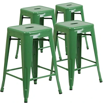 Image of Flash Furniture Lily 4 Pack Commercial Grade 24&quot; High Backless Green Metal Indoor Outdoor Counter Height Stool with Square Seat