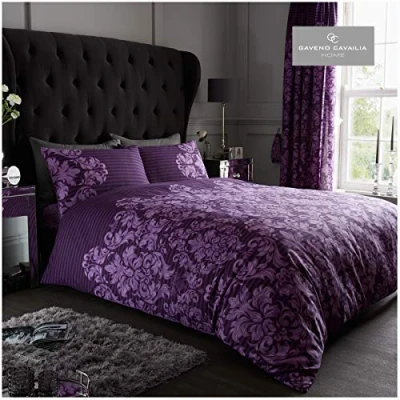 Image of GC GAVENO CAVAILIA Comfy EMPIRE DAMASK Bed Set with Duvet Cover and Pillow Cases, Polyester Cotton, Purple, King