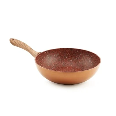 Image of JML Copper Stone Wok Non Stick Durable 28cm Stainless Steel with Aluminium Core, Suitable for Gas, Induction, Electric and Ceramic Hobs Dynamic Heat Distribution Wood Effect Handle