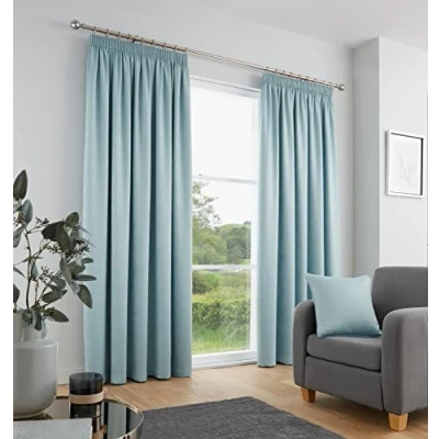 Image of Fusion Duck Egg Curtains W66 x L54&quot; (168 137cm) 100% Cotton 2x Panels Pencil Pleat in Blue Soundproof &amp; Thermal for Bedroom Pleated Drapes