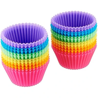 Image of Amazon Basics Round Reusable Silicone Baking Cups, Pack of 24 (Oven safe up to 220 degrees Celsius), Multicolor