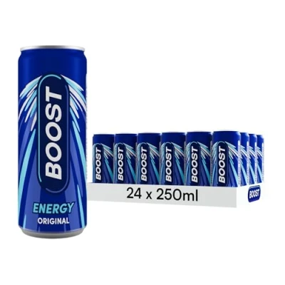 Image of Boost Energy Drink Original Flavour 24 Pack Drinks with Caffeine, Taurine and Vitamin B Carbonated Gluten Free Vegan Low Calorie Fizzy Multipack 24x250ml