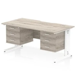 Image of Impulse 1600 x 800mm Scalloped Edge Office Desk Grey Oak Top White Cable Managed Leg Workstation 2 3 Drawer Fixed Pedestal