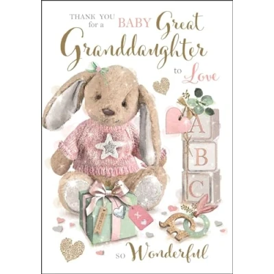 Image of New Baby Great Granddaughter Thank You Card Bunny Rabbit Toy Special Finishes and Illustrated Insert Leaf Made in the UK