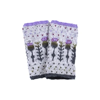 Image of Pachamama Women Wool Hand Warmers Fleece Lined Handknitted Scots Thistle Design Multicoloured One Size Handmade Extra Warm Fair Trade