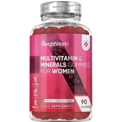 Image of Multivitamin Gummies for Women 90 Vegan 10 Multivitamins and Minerals with Hyaluronic Acid, CoQ10 &amp; Evening Primrose Oil Natural Strawberry Raspberry Flavoured Womens
