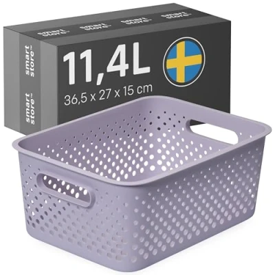 Image of SmartStore Plastic Storage Basket with Handles 11.4L Medium Durable, Recycled &amp; Sustainable Lavender Home Organizer for Shelves, Kitchen, Bathroom + 10 Year Guarantee, A4 Compatible Bin