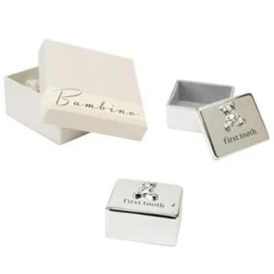 Image of Bambino Baby Christening Gifts. Silverplated First Tooth Keepsake Box with Teddy Bear Decoration