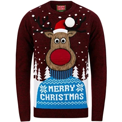 Image of Tokyo Laundry Men&#039;s Merry Deer Motif Novelty Christmas Jumper Red/Black Twist S