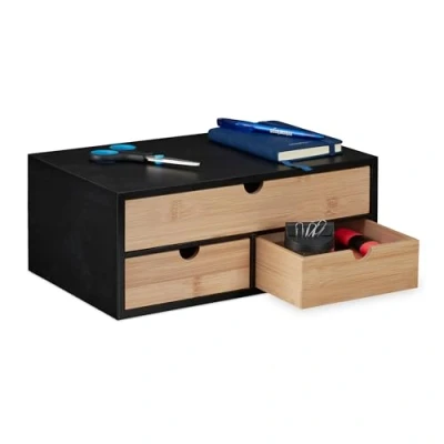 Image of Relaxdays Desk Organiser, 3 Drawers, Bamboo &amp; MDF, HWD: 13.5 x 33 21 cm, Office Stationary Box, Storage, Natural/Black