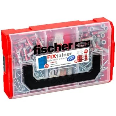 Image of fischer FixTainer Drilling &amp; Doweling, Dowel Box with 306 Pieces, Includes DuoPower Dowels, Screws, Ruler, Bottle Opener, Spirit Level, Practical Tool Carry Handle Click System