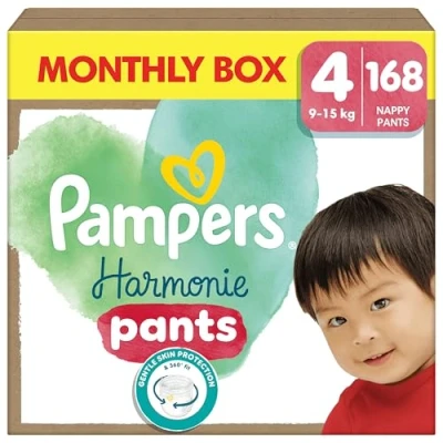 Image of Pampers Harmonie Nappy Pants Size 4, 168 Nappies, 9kg 15kg, Monthly Pack, Gentle Skin Protection 360 Comfort Fit