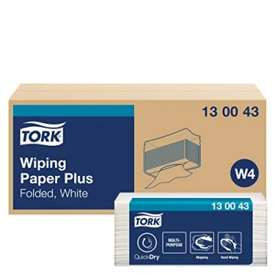 Image of Tork 130043 Wiping Paper Plus / 2 Ply Absorbent Multipurpose Sheets Suitable for W4 Top Pak System White 38.5cm x 10.8cm 200