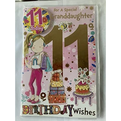 Image of XPRESS YOURSELF For A Special Granddaughter 11 Birthday Wishes Card With Badge 11th Eleven Eleventh Cute Girl/Bags/Presents/Cake Foil Detail(CC7513/03)