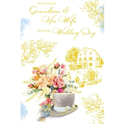 Image of Grandson &amp; Wife Wedding Day Card Flowers Foil Finish Lovely Verse