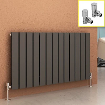 Image of 600 x 988 mm Anthracite Column Radiator Horizontal Double Flat Panel Designer with Angled Valves