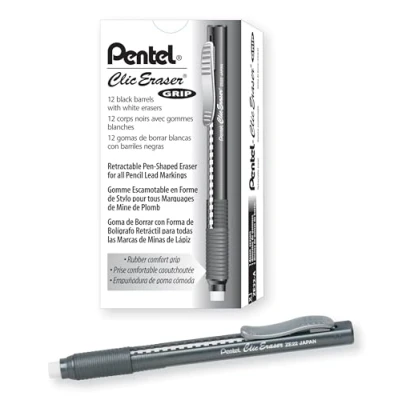 Image of Pentel ZE22A, Clic Eraser Grip, Retractable Eraser, Black Barrel, Box of 12