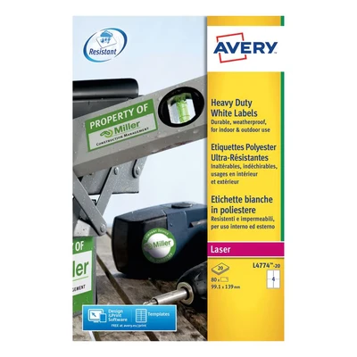 Image of Avery Laser Label Heavy Duty 4 Per Sheet White (Pack of 80) L4774 20