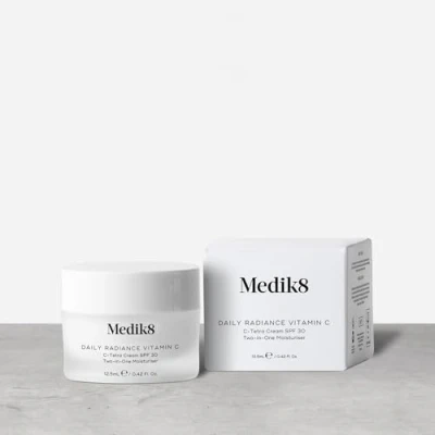Image of Medik8 Daily Radiance Vitamin C Travel Size 2 in 1 SPF &amp; Face Moisturiser Tetra Cream 30 Shields Skin Against Premature Signs of Ageing 12.5ml