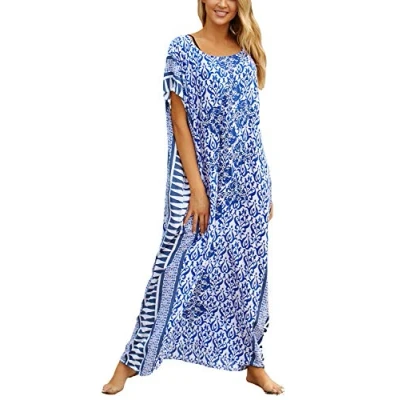 Image of YouKD Summer Print Floral Loose Caftan Boho Beach Bikini Cover Up Dress Plus Size Robe for Women