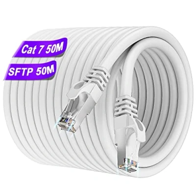 Image of Ethernet Cable 50m Cat 7, White Internet Shielded SFTP Lan Outdoor Indoor Long Network High Speed 10Gbps 600MHz RJ45 Weatherproof Gigabit Patch for Router Modem