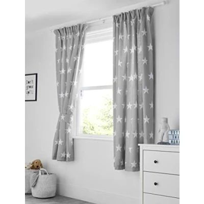 Image of Bloomsbury Mill Kids Curtains for Boys &amp; Girls Bedroom Grey White Stars Lined Curtain Pair with Tiebacks Nursery Childrens Baby Room 66X72 inch drop (168x183cm)