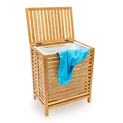 Image of Relaxdays Wooden Laundry Hamper Linen Basket 100L (60 x 35.5 50.5 CM) Natural Bamboo With Lid Box