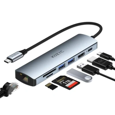 Image of USB C Hub Multiport Adapter, KOZYC 7 IN 1 to HDMI with 4K 60Hz, 1Gbps RJ45 Ethernet, 2 3.0 Data Ports, SD/TF Card Slots, and 100W PD Port for Laptop, Macbook Pro, iPad, UHDTV, etc.