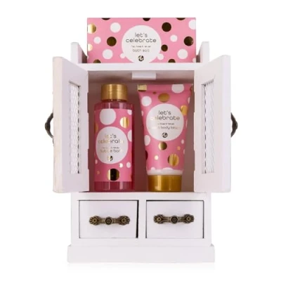 Image of Accentra Let&#039;s Celebrate Women&#039;s Gift Set Beauty with Bubble Bath, Body Lotion &amp; Bath Salt in Decorative Wooden Cabinet Wellness for Women and Girls Birthday Valentine&#039;s Day