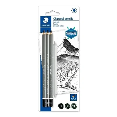 Image of Staedtler Mars Lumograph Journey Design Charcoal 100C SBK4 Blister Pack of 3 Assorted Graphite Pencils and 1 Blending Stump, black