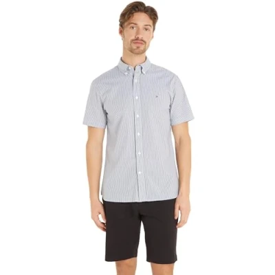Image of Tommy Hilfiger Men Shirt Flex Poplin Short Sleeve, Multicolor (Carbon Navy/Optic White), XS