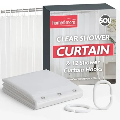 Image of 1pk Clear Shower Curtain with 12pc Hooks Bathroom Curtains, Plastic Curtains Shower, Bath Curtain, (180cm x 180cm)