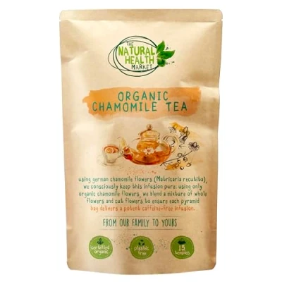 Image of Organic Chamomile Tea Bags By The Natural Health Market Soil Association Certified Plastic Free Filter Mesh Relaxing Herbal (15 Bags)