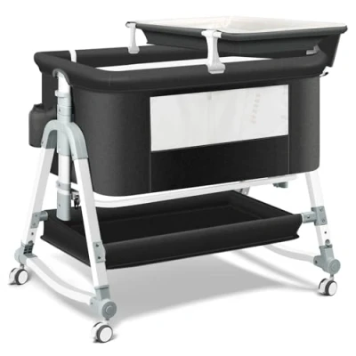 Image of Uuoeebb 4 in 1 Bedside Crib, Bassinet, Baby Crib with Changing Table, Bassinet Wheels, Travel Cot Mattress Included, Five Level Height Adjustable Cribs for Newborn (Black)