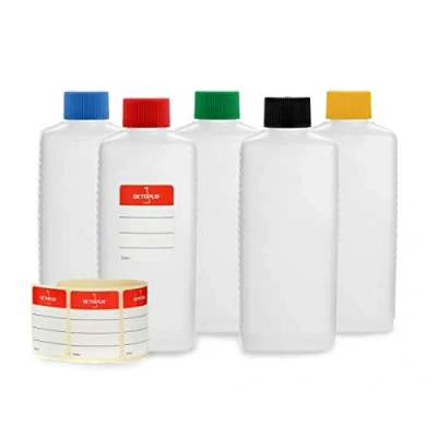 Image of Octopus 5 x 250 ml plastic bottles, HDPE bottles with colorful screw caps, empty square incl. labels