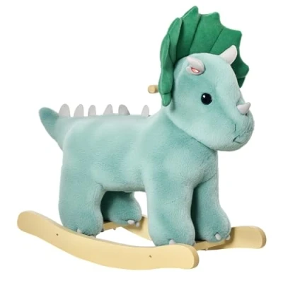 Image of HOMCOM Kids Toddler Rocking Horse Plush Ride On Triceratops Rocker Wooden Base W/Sound for 3 6 Years Green