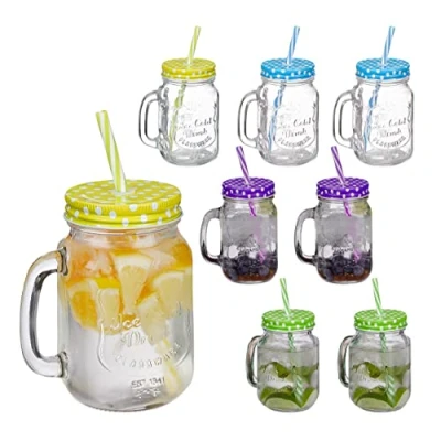 Image of Relaxdays Drinking Jars Set of 8, Dishwasher Safe Including Lids and Straws, 400ml Each, Vintage Glasses, Transparent