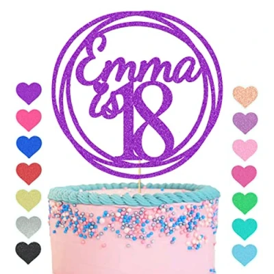 Image of GuteGifts Personalised with Any Name Age Cake Topper Custom Happy Birthday Decoration Circle Design 13 16 18 21 30 40 50 60 (Purple)